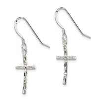 Sterling Silver Polished & Textured Cross Dangle Earrings view 2
