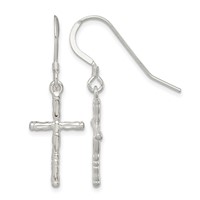 Sterling Silver Polished & Textured Cross Dangle Earrings view 1