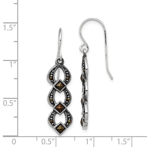 Sterling Silver Rhodium-plated Antiqued & Textured Marcasite Dangle Earring