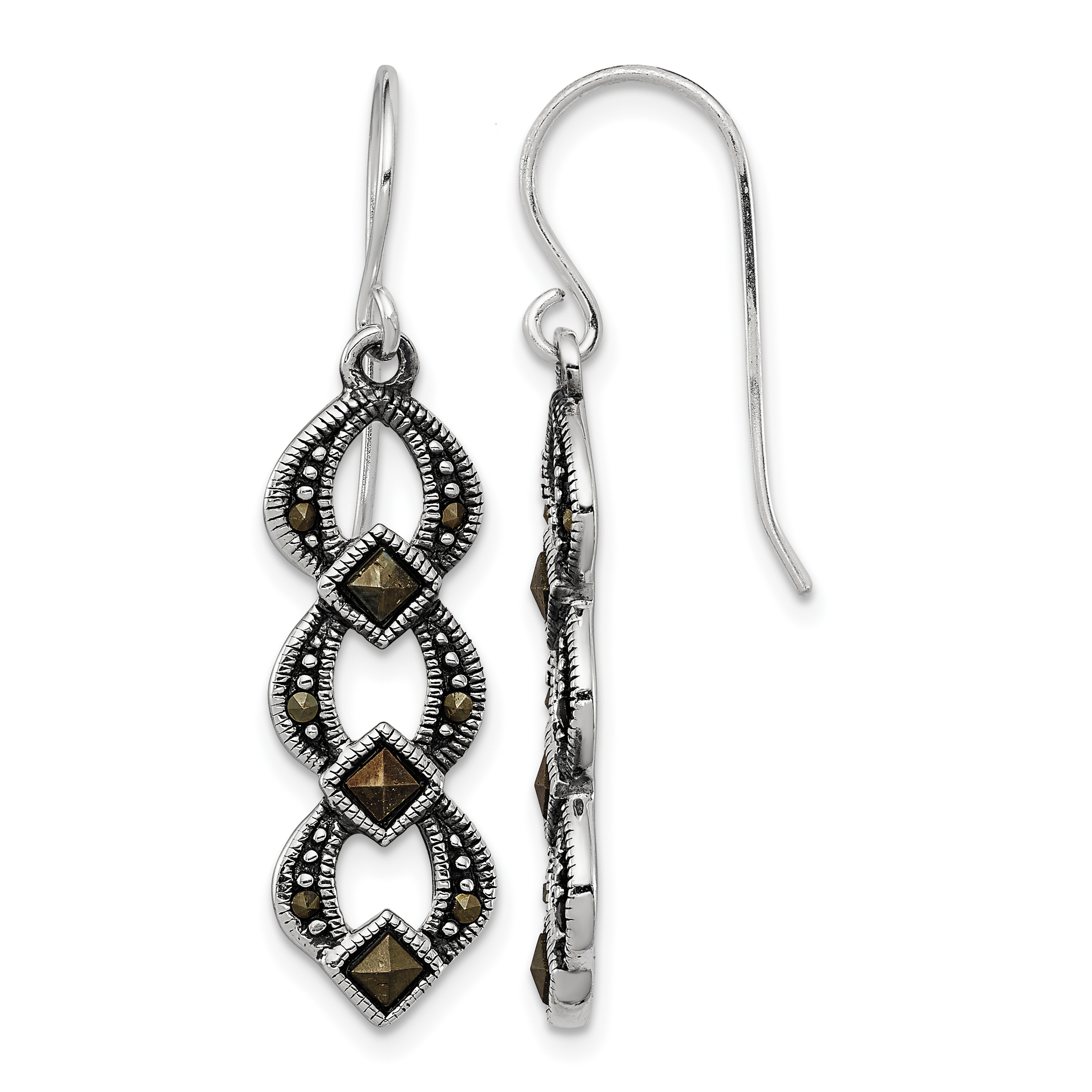Sterling Silver Rhodium-plated Antiqued & Textured Marcasite Dangle Earring (QE3411)