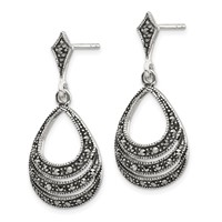 Sterling Silver RH-plated Textured Marcasite Teardrop Post Dangle Earrings view 2