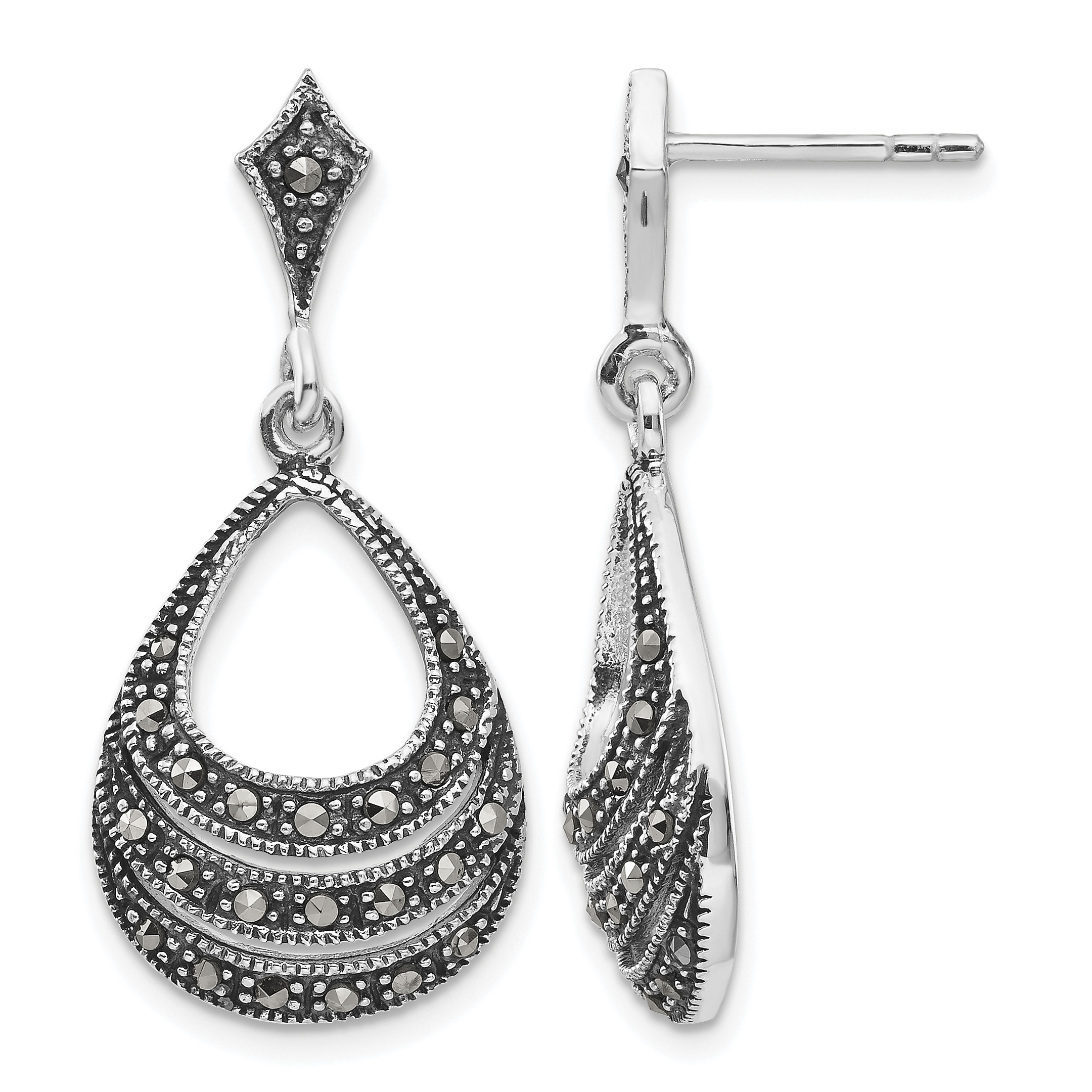 Sterling Silver RH-plated Textured Marcasite Teardrop Post Dangle Earrings (QE3417)