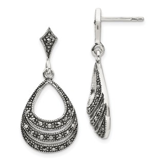 Sterling Silver RH-plated Textured Marcasite Teardrop Post Dangle Earrings