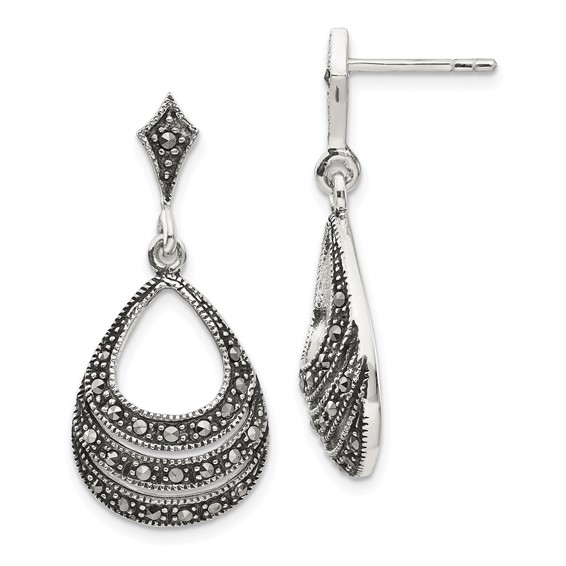 Sterling Silver RH-plated Textured Marcasite Teardrop Post Dangle Earrings