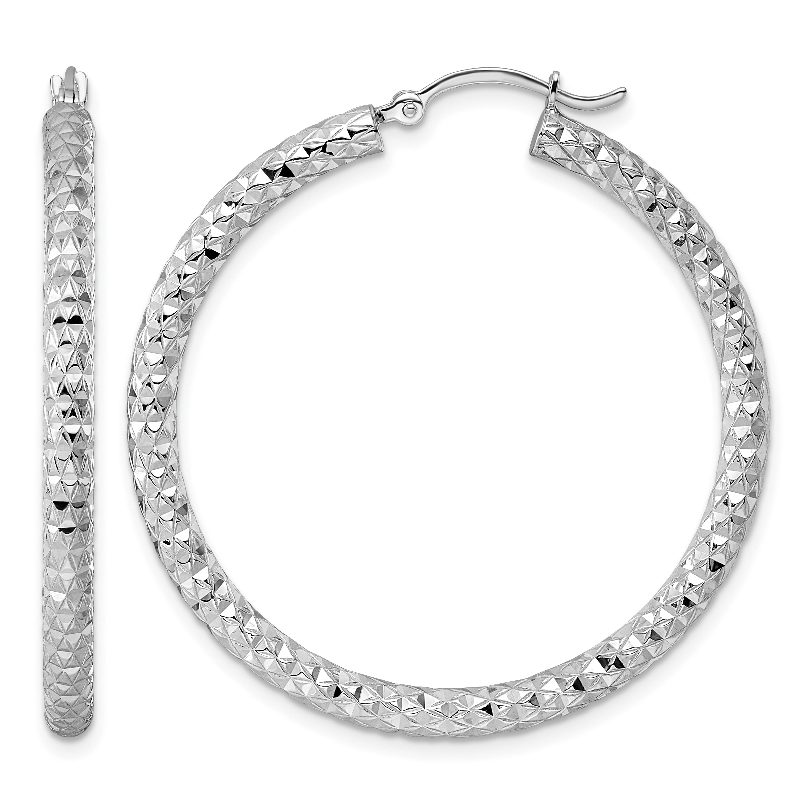 Sterling Silver Rhodium-plated 3.00mm Diamond-cut Hoop Earrings (QE3539)