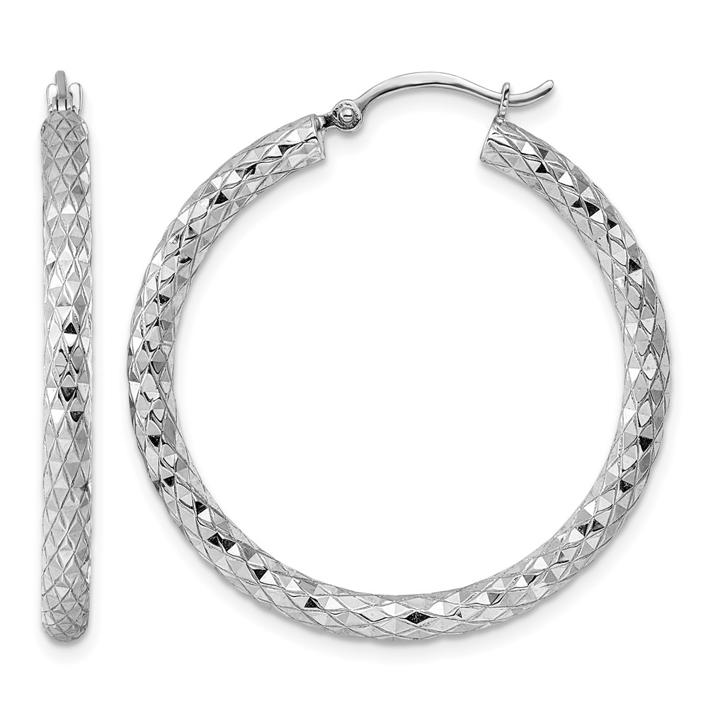 Sterling Silver Rhodium-plated 3.00mm Diamond-cut Hoop Earrings (QE3540)