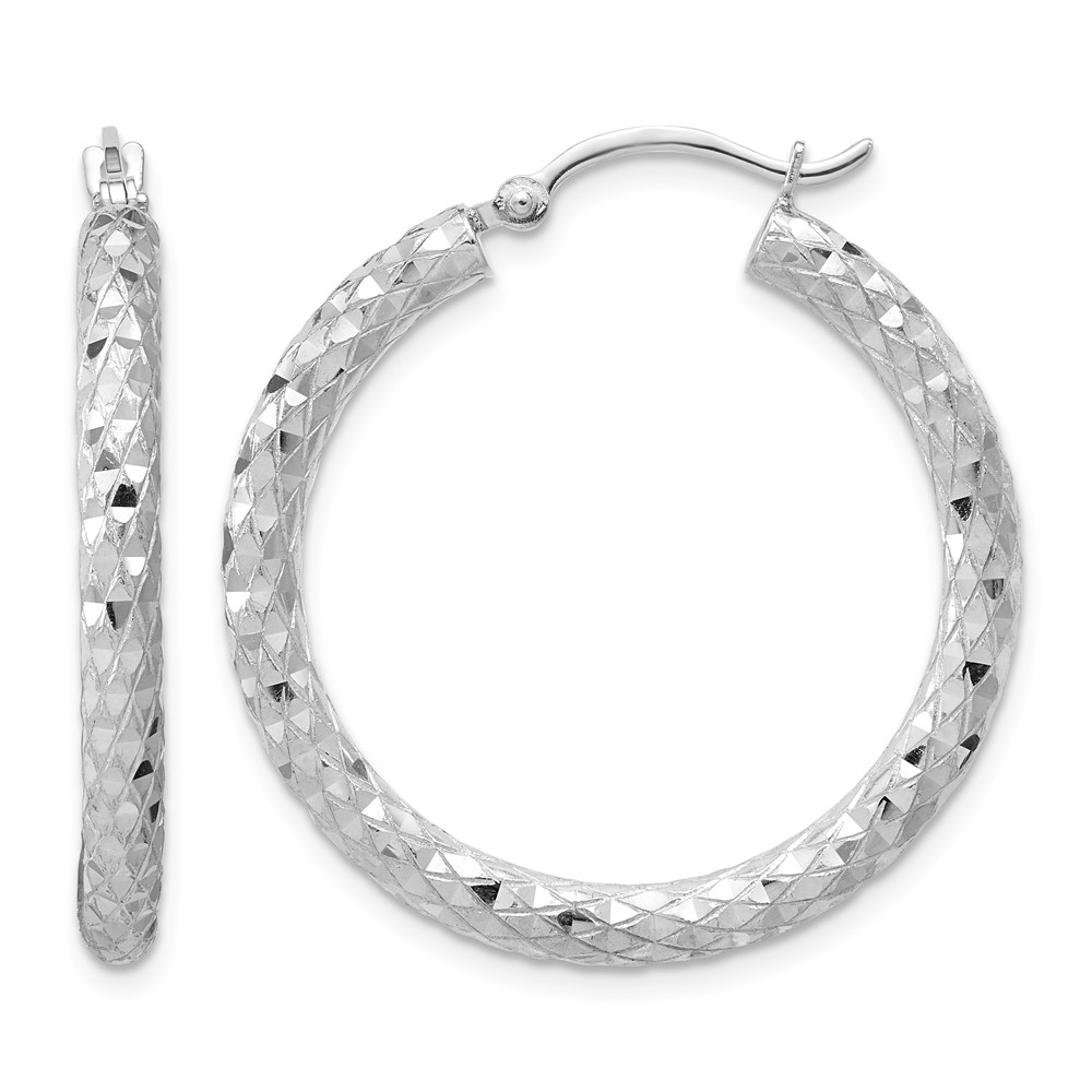 Sterling Silver Rhodium-plated 3.00mm Diamond-cut Hoop Earrings (QE3541)