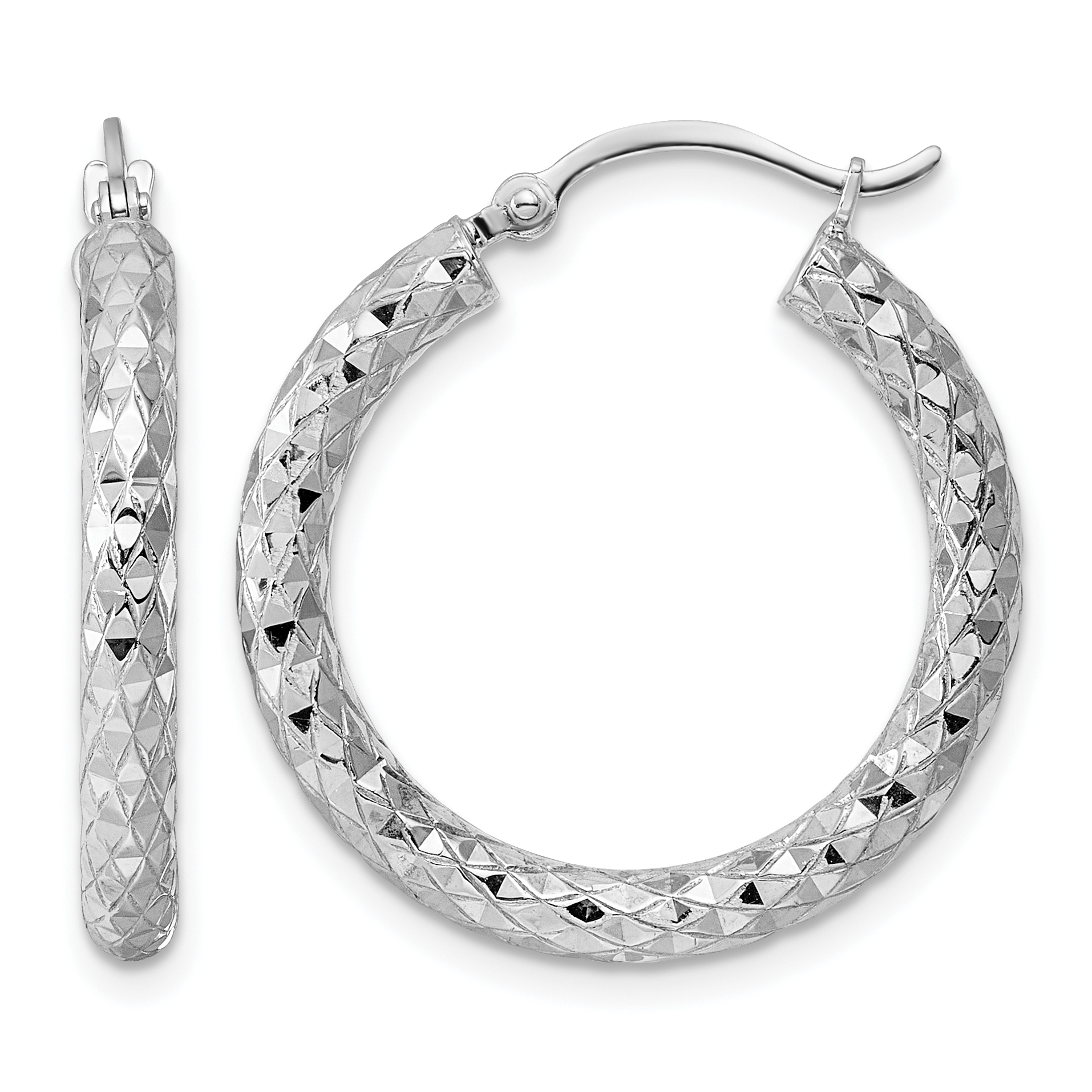 Sterling Silver Rhodium-plated 3.00mm Diamond-cut Hoop Earrings (QE3542)