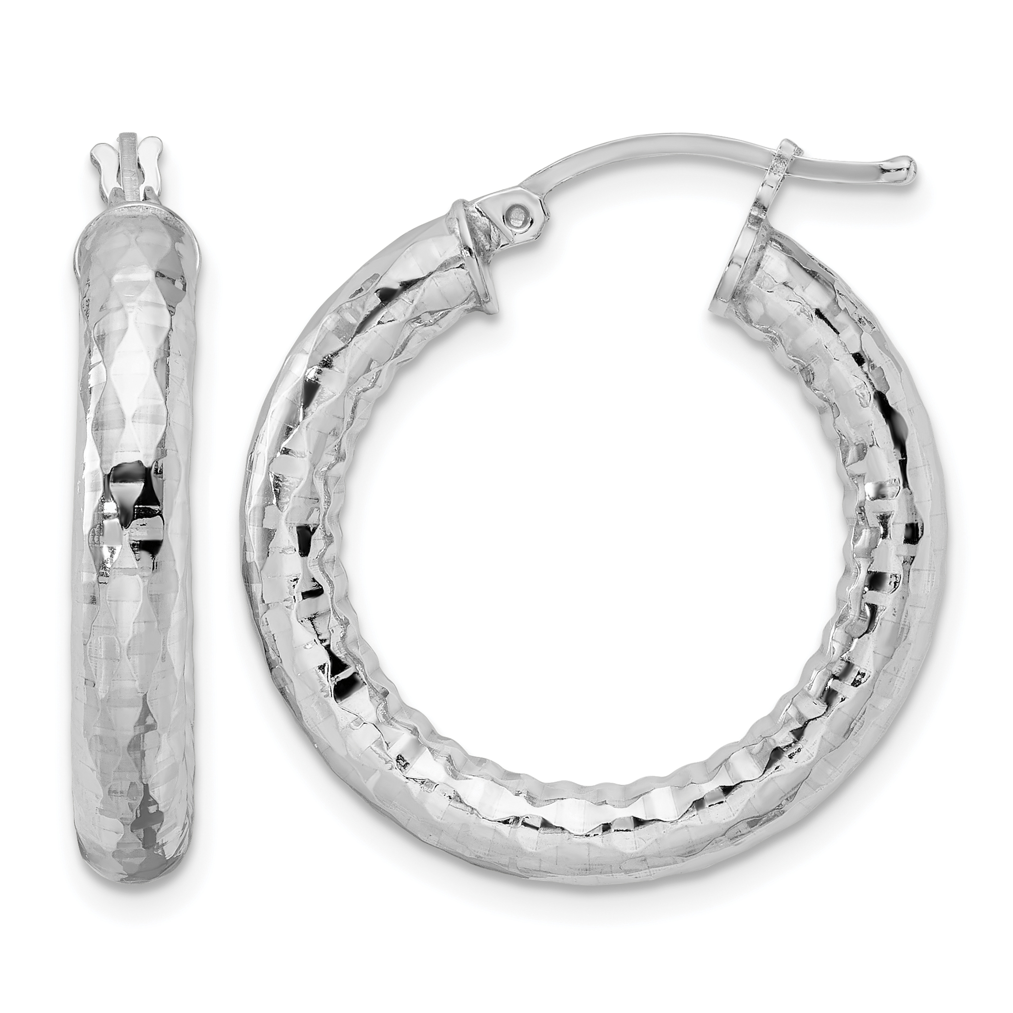 Sterling Silver Rhodium-plated 4.00mm Diamond-cut Hoop Earrings (QE3546)
