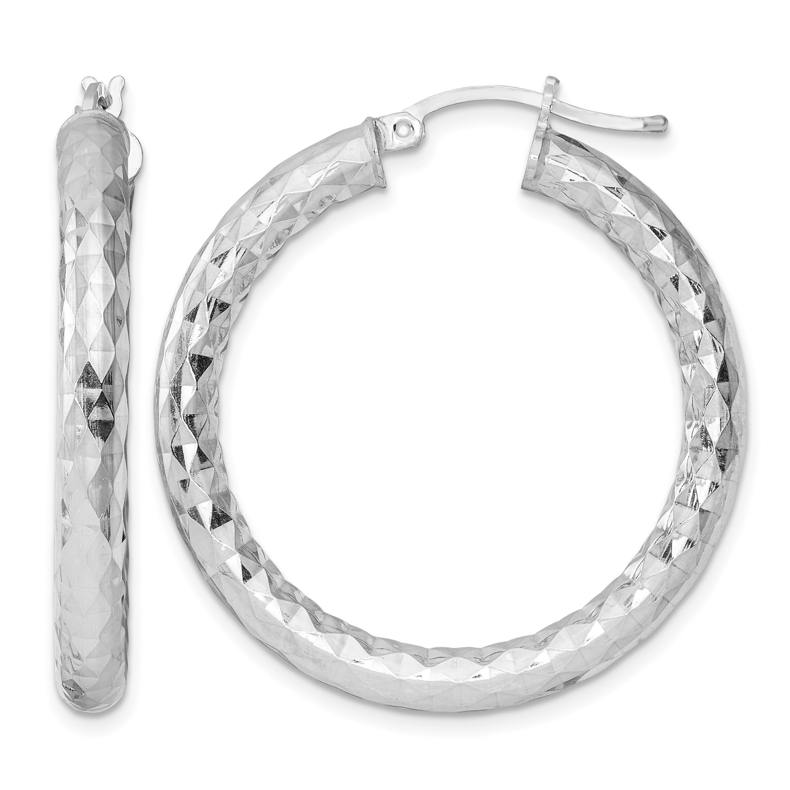 Sterling Silver Rhodium-plated 4.00mm Diamond-cut Hoop Earrings (QE3547)