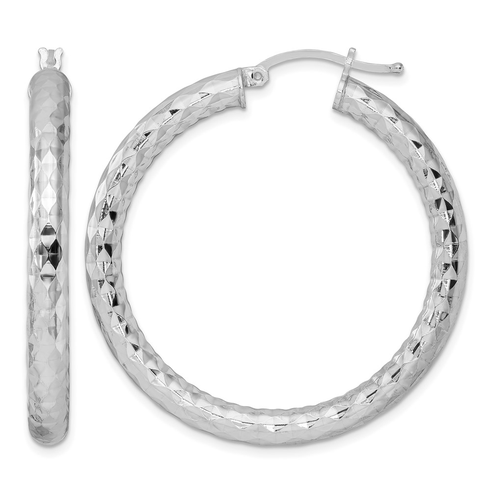 Sterling Silver Rhodium-plated 4.00mm Diamond-cut Hoop Earrings (QE3548)