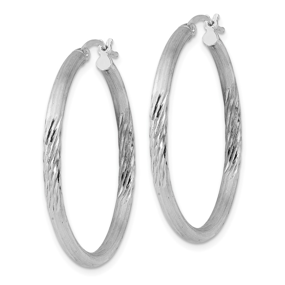 Sterling Silver Rhod-plated 2.5mm Polished/Satin Diamond-cut Hoop Earrings (QE3554)