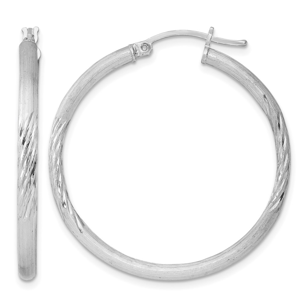 Sterling Silver Rhod-plated 2.5mm Polished/Satin Diamond-cut Hoop Earrings (QE3554)