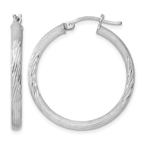 Sterling Silver Rhodium-plated 3mm Polished Satin Diamond-cut Hoop Earrings