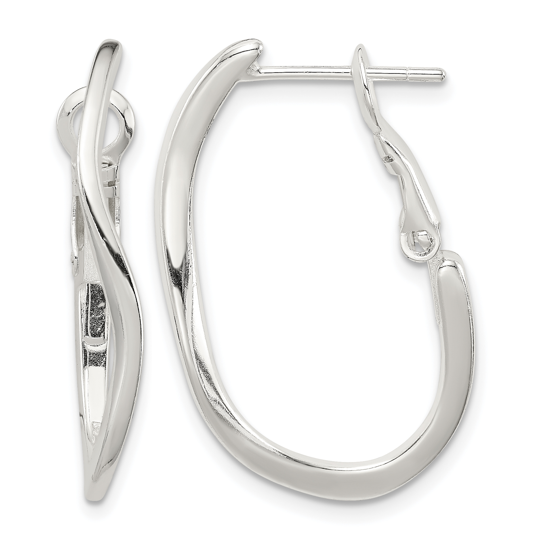 Sterling Silver Polished Wavy Omega Back Oval Hoop Earrings (QE3752)