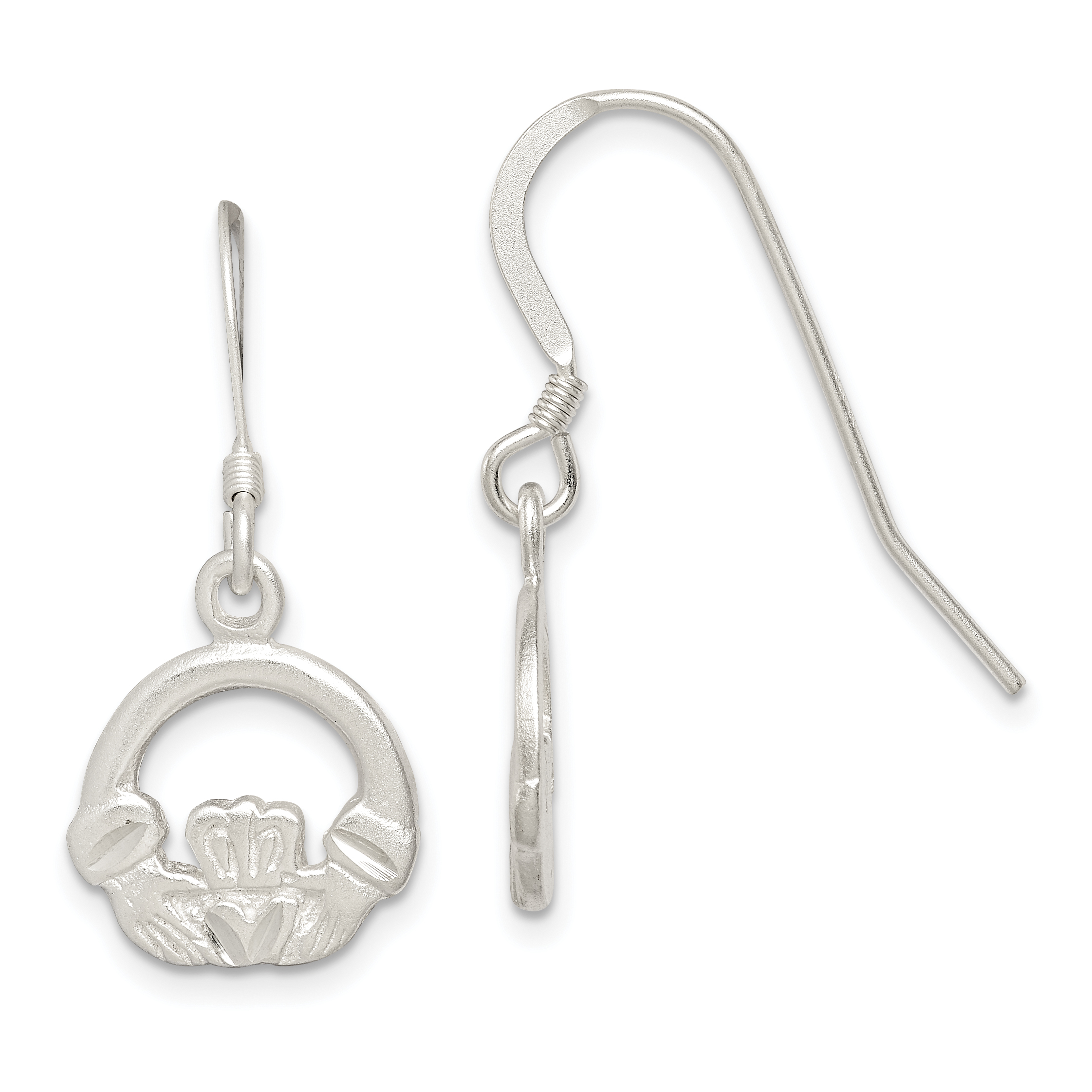 Sterling Silver Satin & Diamond-cut Claddagh Dangle Earrings (QE4164)