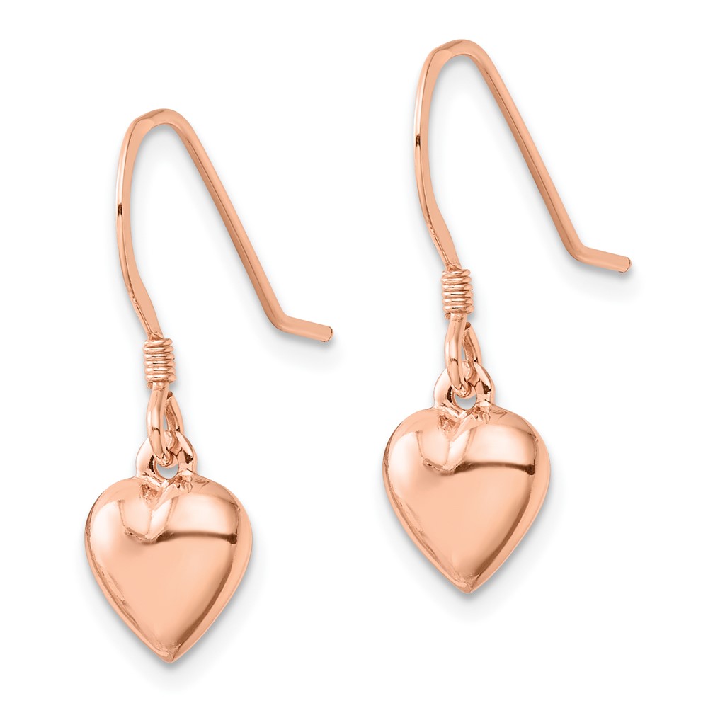 Sterling Silver Rose-tone Puffed Heart Dangle Shepherd Hook Earrings (QE4204RP)