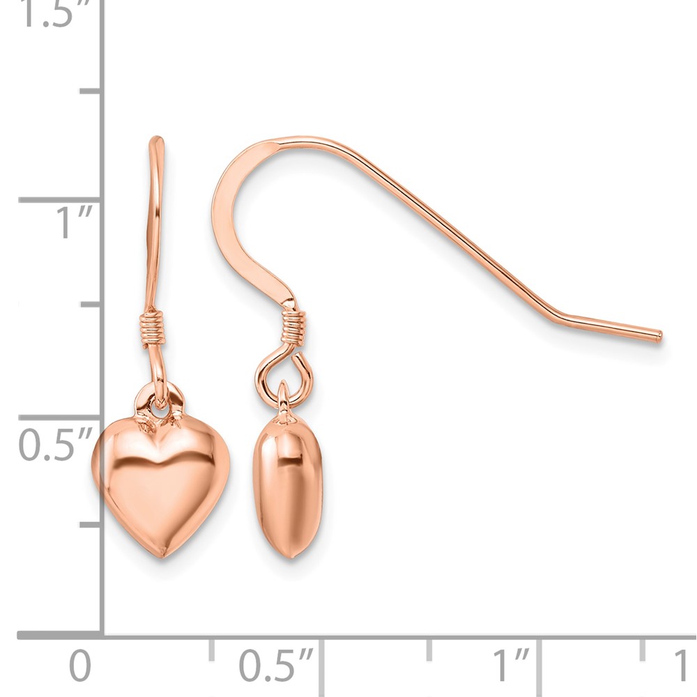 Sterling Silver Rose-tone Puffed Heart Dangle Shepherd Hook Earrings (QE4204RP)