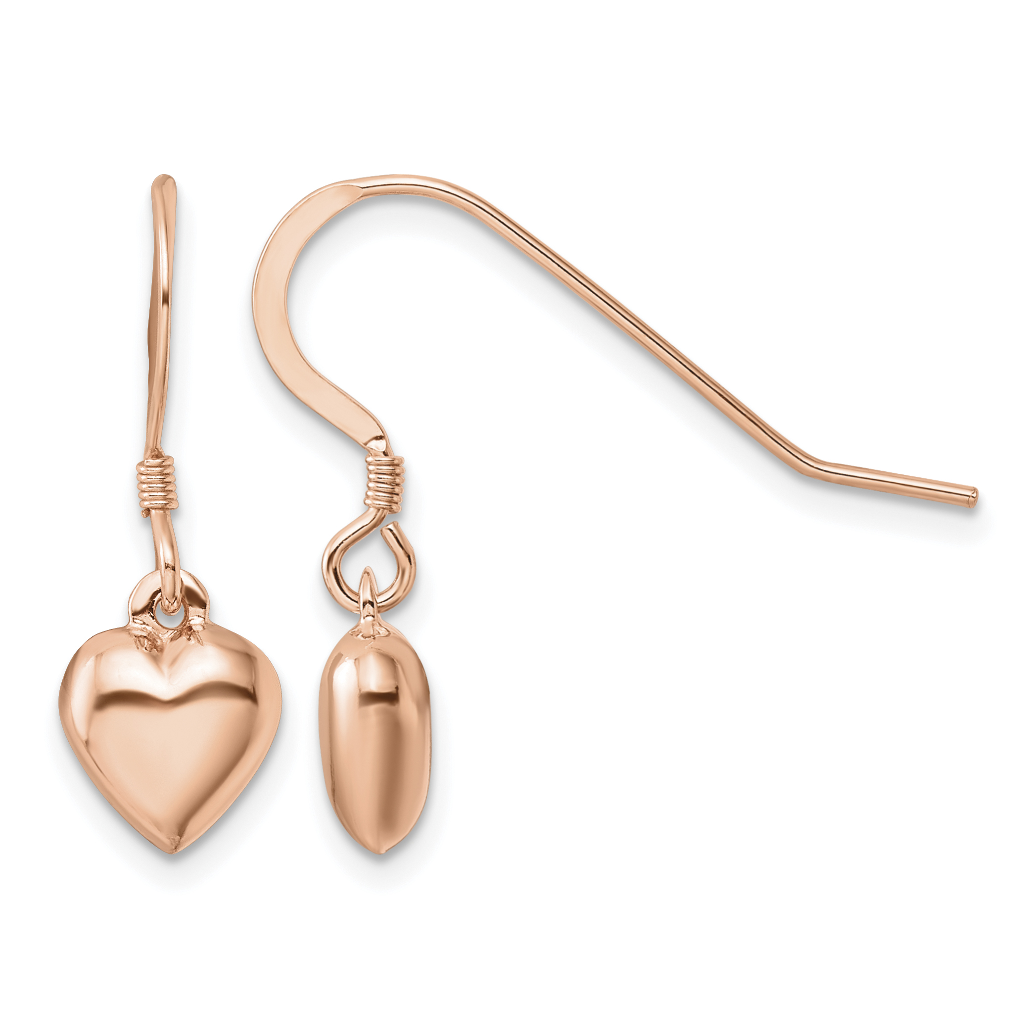 Sterling Silver Rose-tone Puffed Heart Dangle Shepherd Hook Earrings (QE4204RP)