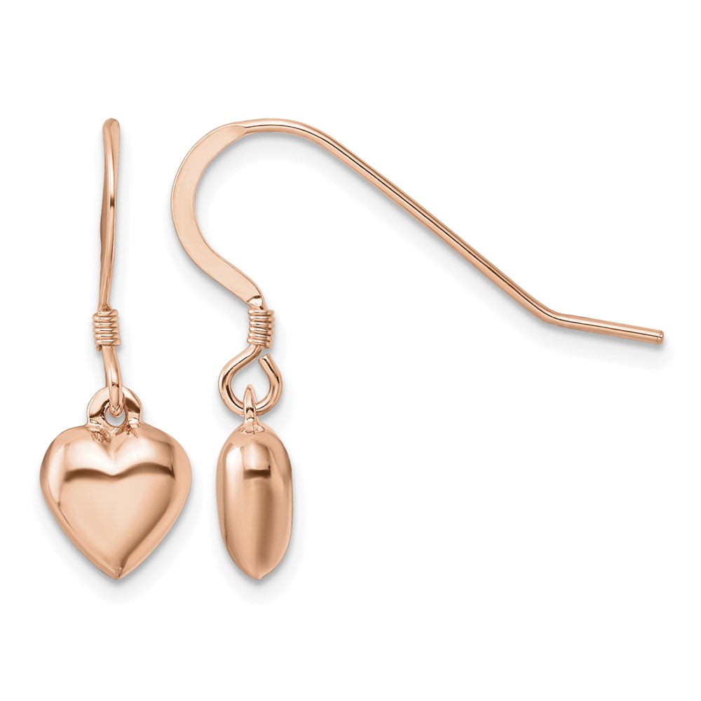Sterling Silver Rose-tone Puffed Heart Dangle Shepherd Hook Earrings (QE4204RP)