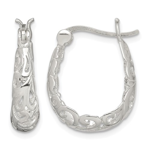 Sterling Silver Polished Filigree Oval Hoop Earrings