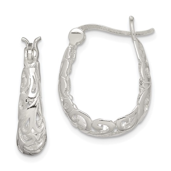 Sterling Silver Polished Filigree Oval Hoop Earrings