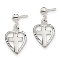 Sterling Silver Polished Cross in Heart Post Dangle Earrings view 2