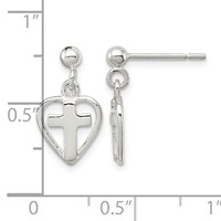 Sterling Silver Polished Cross in Heart Post Dangle Earrings view 4