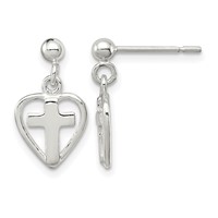 Sterling Silver Polished Cross in Heart Post Dangle Earrings view 1