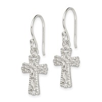 Sterling Silver Polished & Textured Cross Dangle Earrings view 2