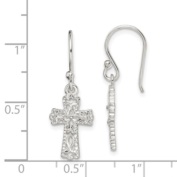 Sterling Silver Polished & Textured Cross Dangle Earrings