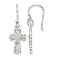 Sterling Silver Polished & Textured Cross Dangle Earrings view 1