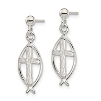 Sterling Silver Polished Antiqued & Textured Ichthus & Cross Post Dangle Earrings view 2