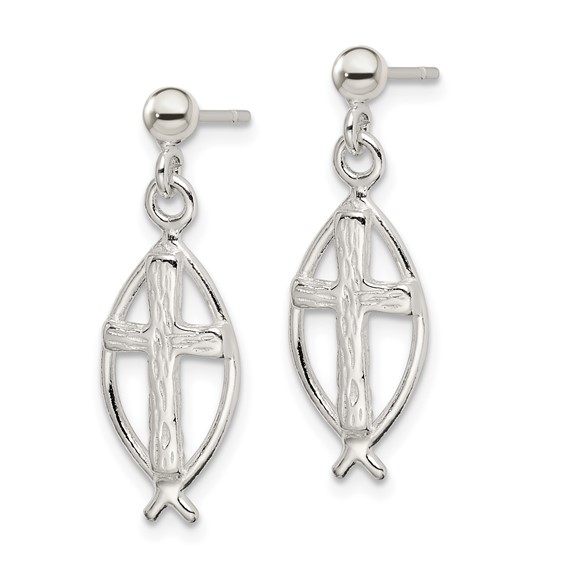 Sterling Silver Polished Antiqued & Textured Ichthus & Cross Post Dangle Earrings