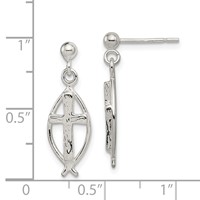 Sterling Silver Polished Antiqued & Textured Ichthus & Cross Post Dangle Earrings view 4
