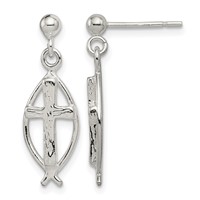 Sterling Silver Polished Antiqued & Textured Ichthus & Cross Post Dangle Earrings view 1