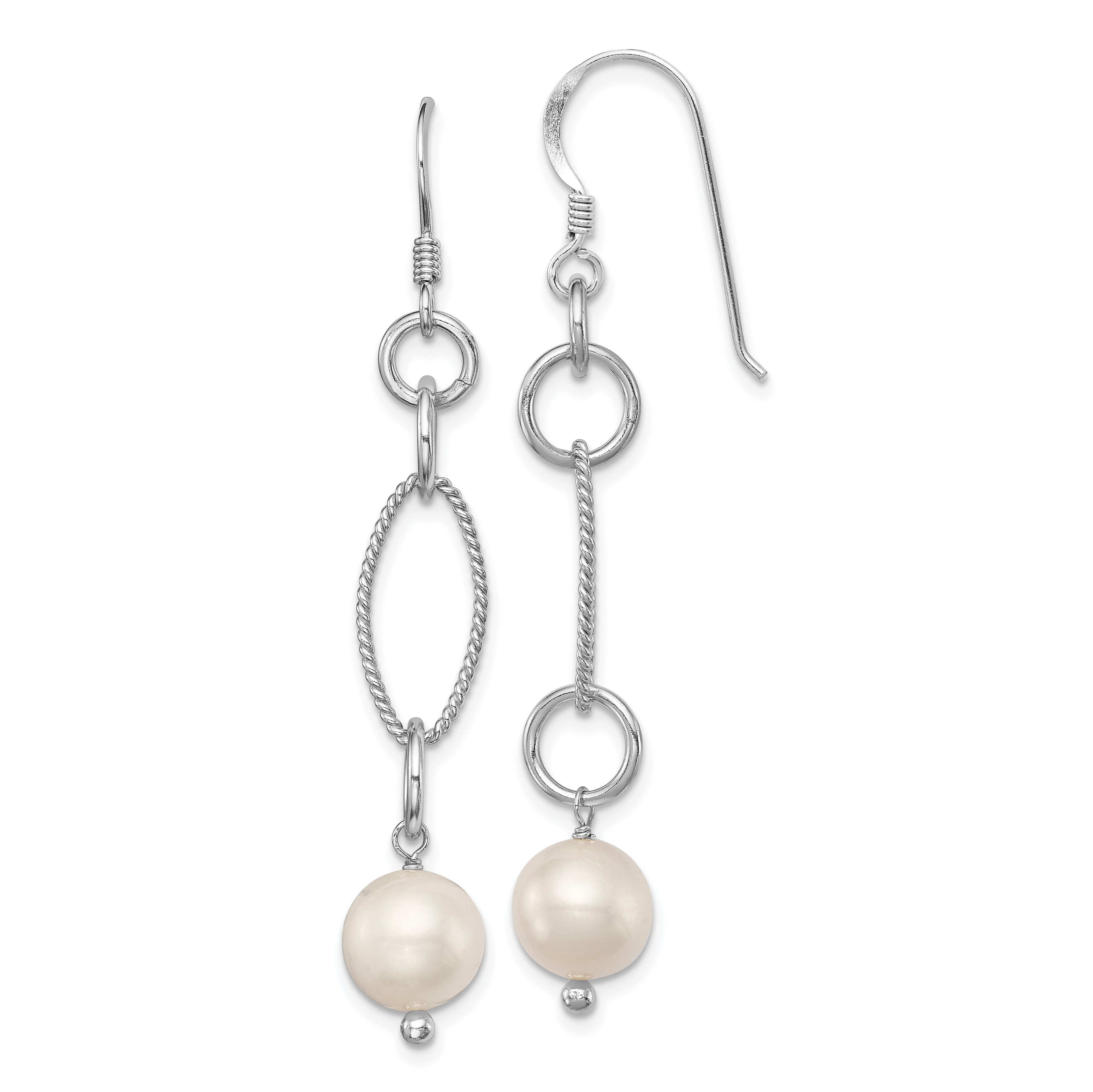 Sterling Silver Rhodium-plated Polished & Twisted White 8-9mm Freshwater Cultured Pearl Dangle Earrings (QE4332)