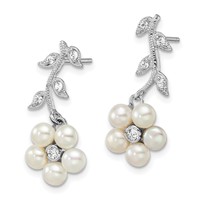 Sterling Silver Rhodium-plated 3-4mm White Semi-Round Freshwater Cultured Pearl CZ Flower Post Earrings view 2