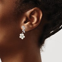 Sterling Silver Rhodium-plated 3-4mm White Semi-Round Freshwater Cultured Pearl CZ Flower Post Earrings view 3