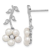 Sterling Silver Rhodium-plated 3-4mm White Semi-Round Freshwater Cultured Pearl CZ Flower Post Earrings view 1