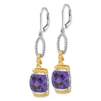 Sterling Silver W Gold-tone Vermeil Purple CZ Dangle Earrings view 2