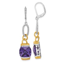 Sterling Silver W Gold-tone Vermeil Purple CZ Dangle Earrings view 1