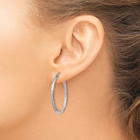Sterling Silver Rhodium-plated 2mm Polished Satin Diamond-cut Hoop Earrings view 3