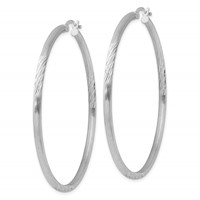 Sterling Silver Rhod-plated 2.5mm Polished Satin Diamond-cut Hoop Earrings view 2