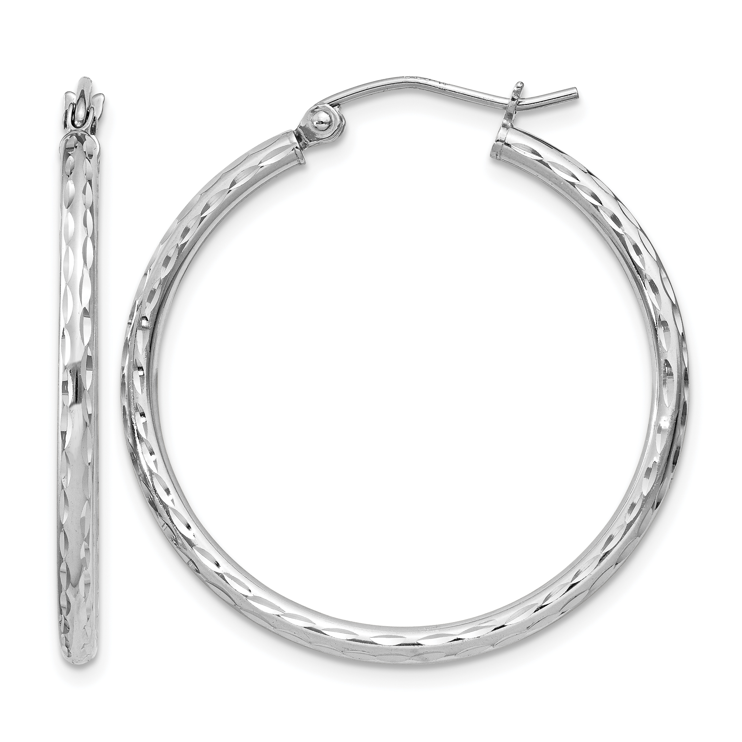 Sterling Silver Rhodium-plated 2mm Diamond Cut Hoop Earrings (QE4462)