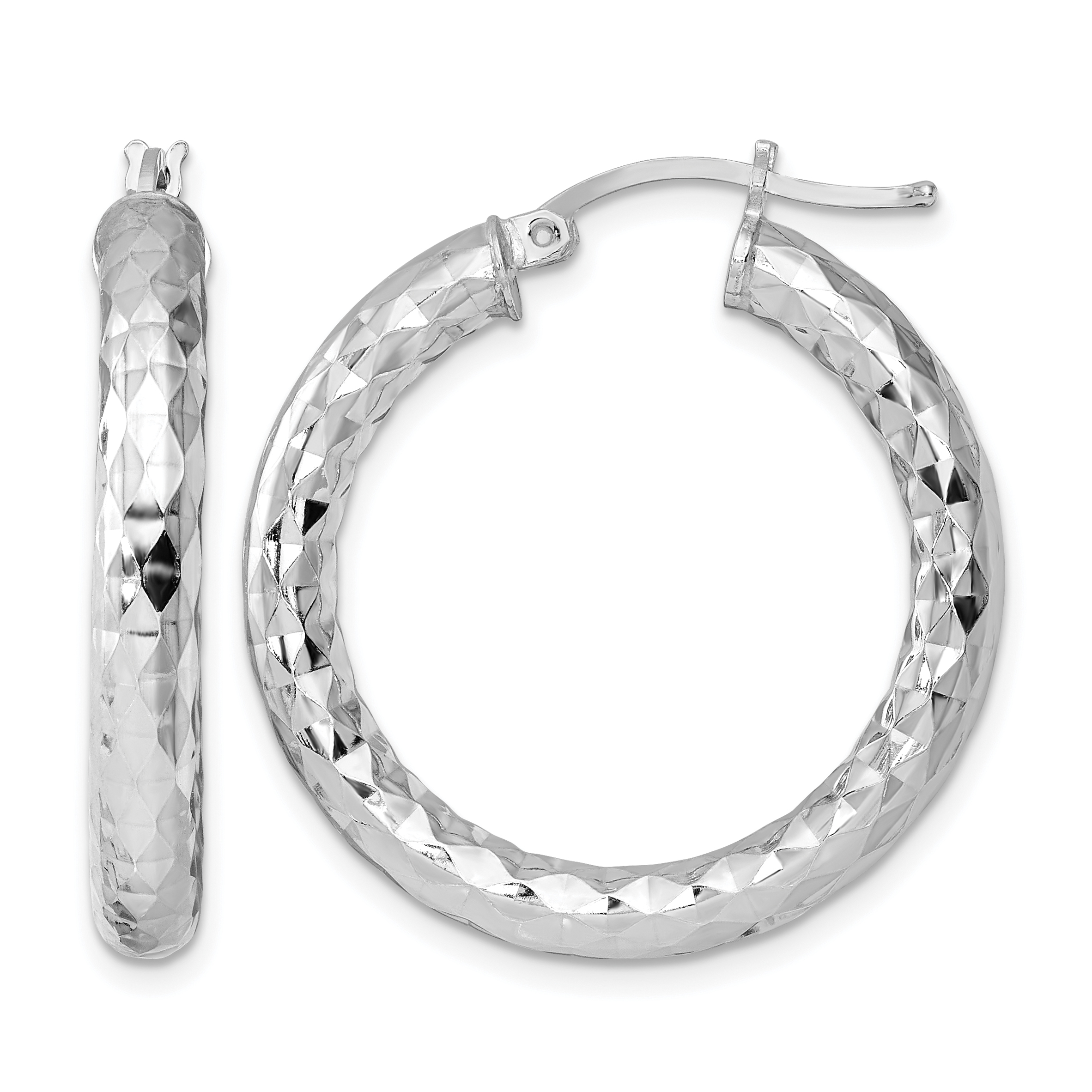 Sterling Silver Rhodium-plated 4.00mm Diamond Cut Hoop Earrings (QE4486)