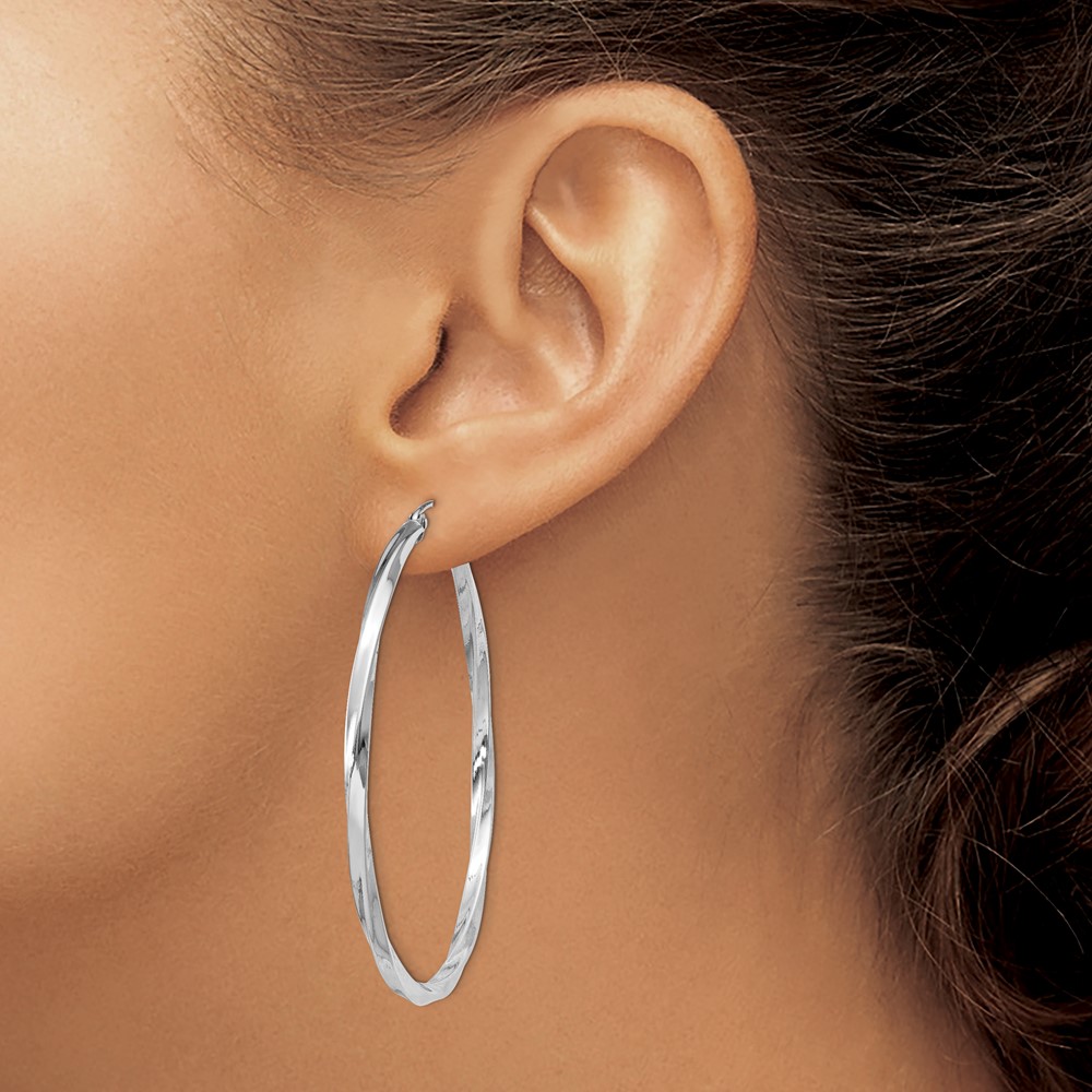 Sterling Silver Rhodium-plated Twisted 2.5x50mmHoop Earrings (QE4576)
