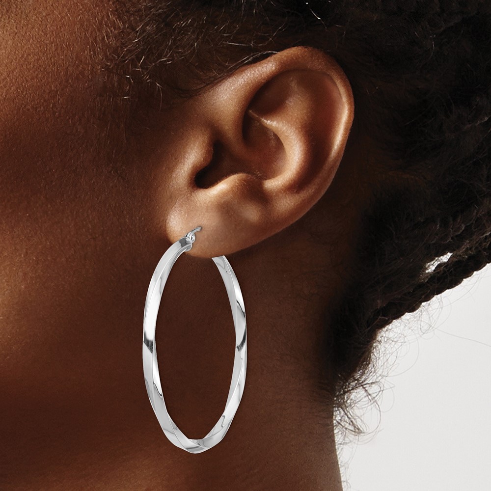 Sterling Silver Rhodium-plated 3x45mmTwisted Hoop Earrings (QE4588)