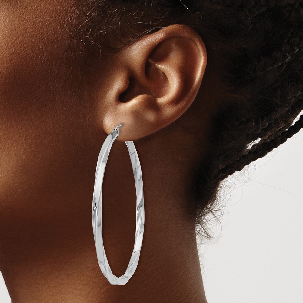 Sterling Silver Rhodium-plated 3x55mmTwisted Hoop Earrings (QE4590)