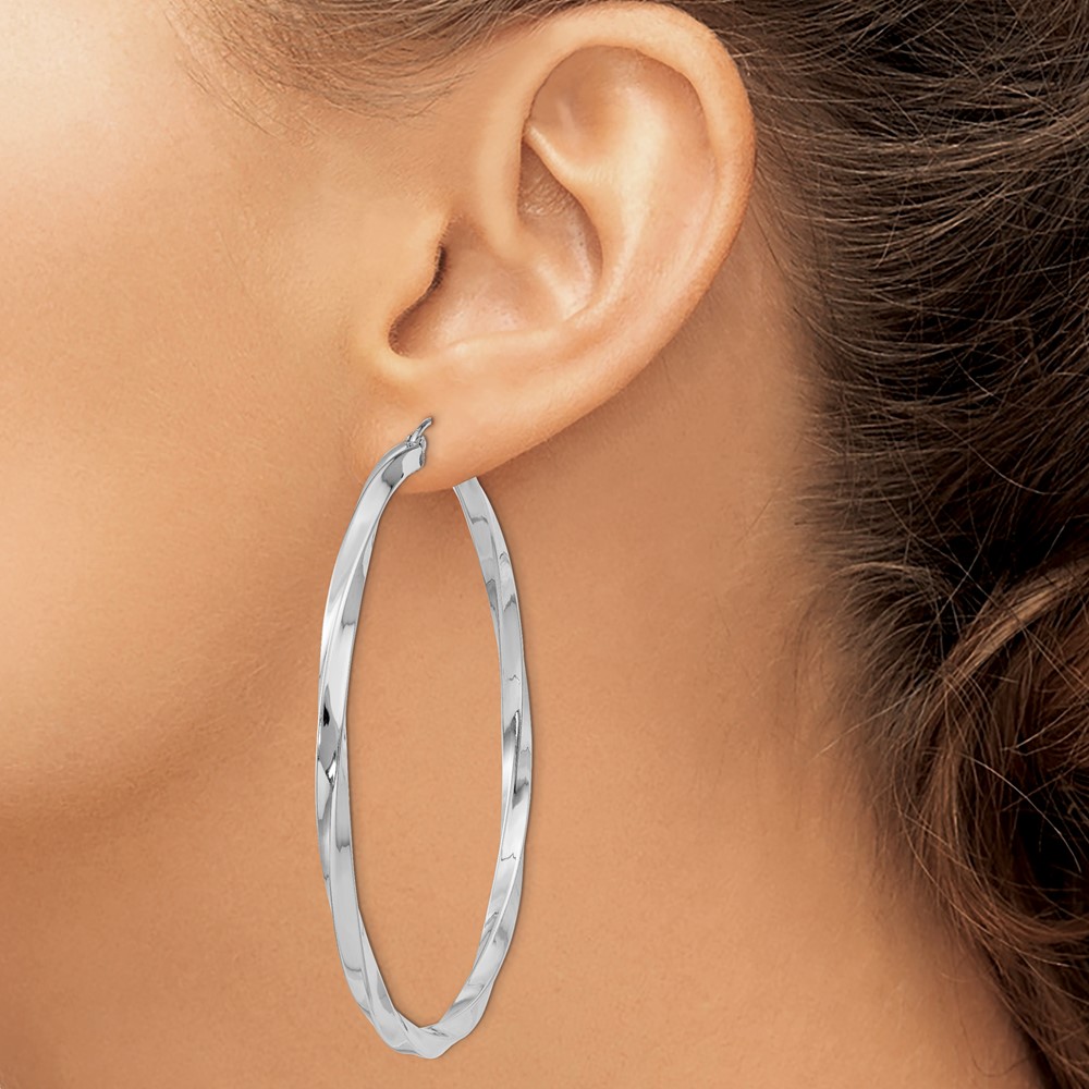 Sterling Silver Rhodium-plated 3x60mmTwisted Hoop Earrings (QE4591)